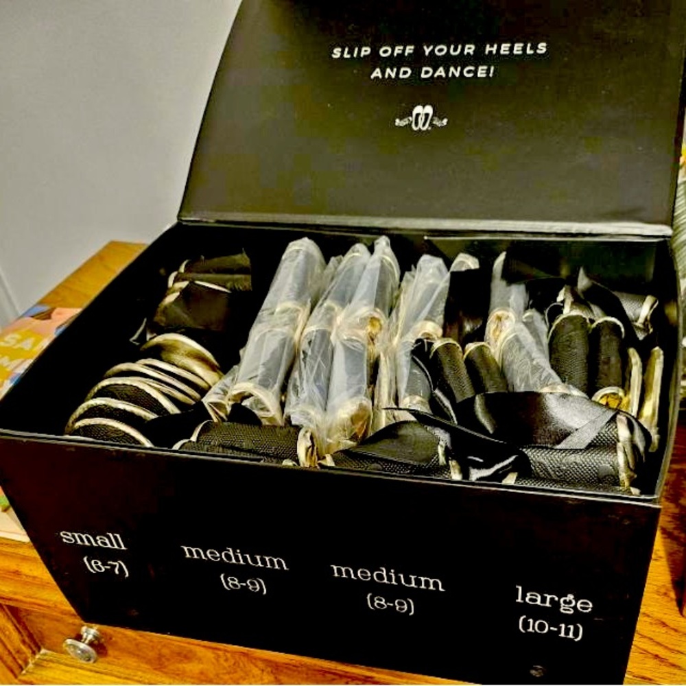 Rescue Flats Brand New Unused Box of 20 pr gold dancing shoes      sizes 6-10